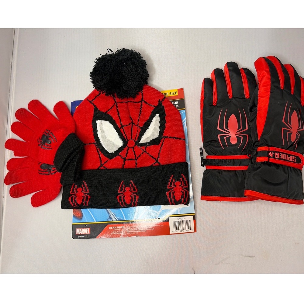 Marvel Spider-Man Youth Beanie Hat Knit Gloves and Ski Gloves Set Red Black OS